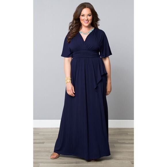 Kiyonna Dress 4X Navy Blue Indie Flair Style Gown Maxi Kimono Sleeves Draped - Picture 11 of 15